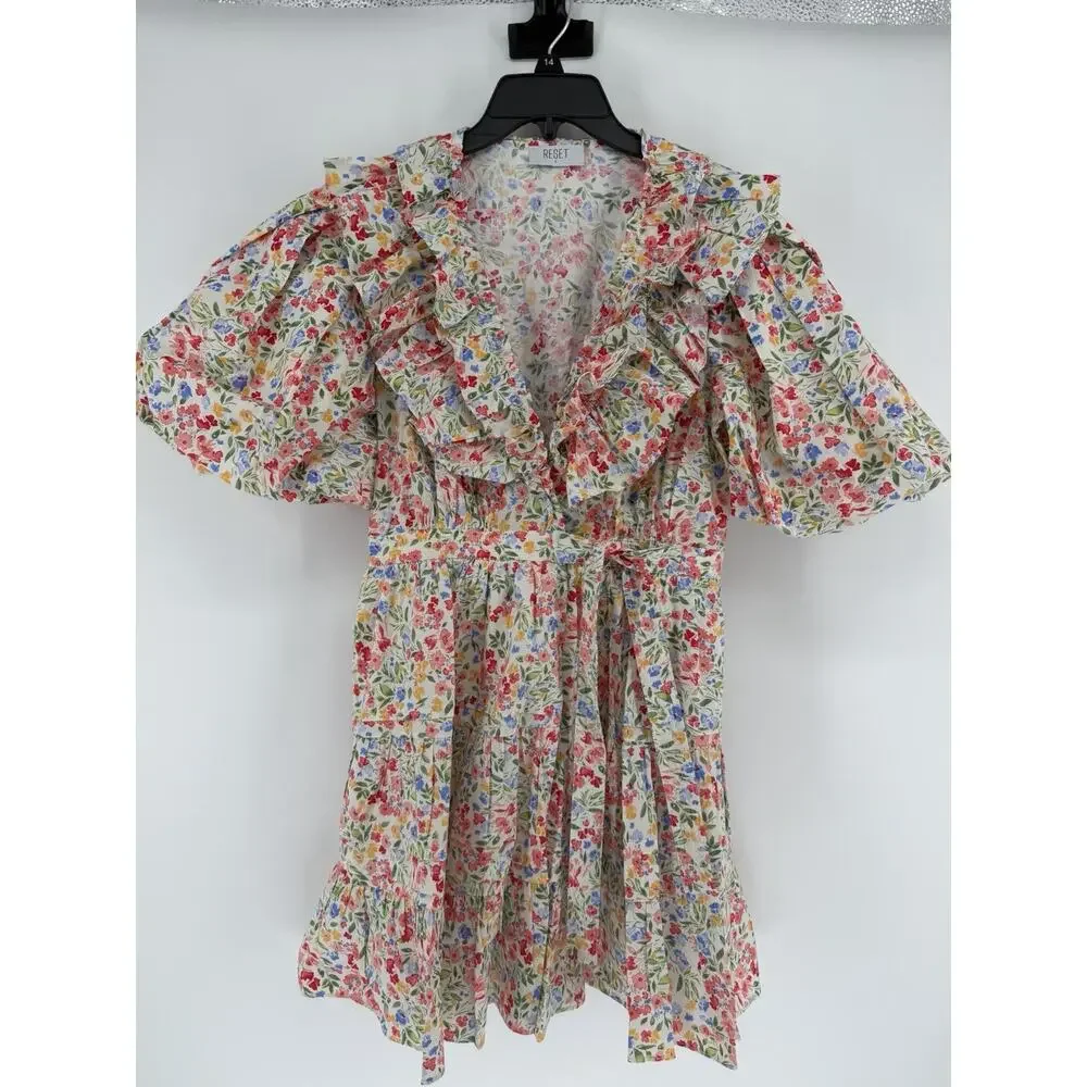 RESET Floral Print Mini Wrap Dress Womens Large White Puff Sleeve Lined - Picture 2 of 13